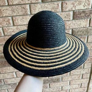 Danier Straw Sun Hat Black & Beige Stripes